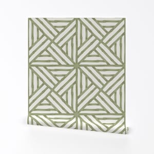 Geometric Removable Peel and Stick Wallpaper - Warm Sage Green Graphic Lines Grid - Wall Art Wall Decor - Bamboo Trellis by taranealart