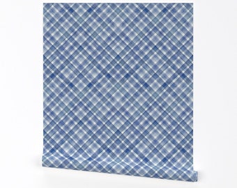 Blue Plaid Wallpaper - Watercolor Blue Plaid by olgersart - Traditional Check Watercolor Removable Peel and Stick Wallpaper by Spoonflower