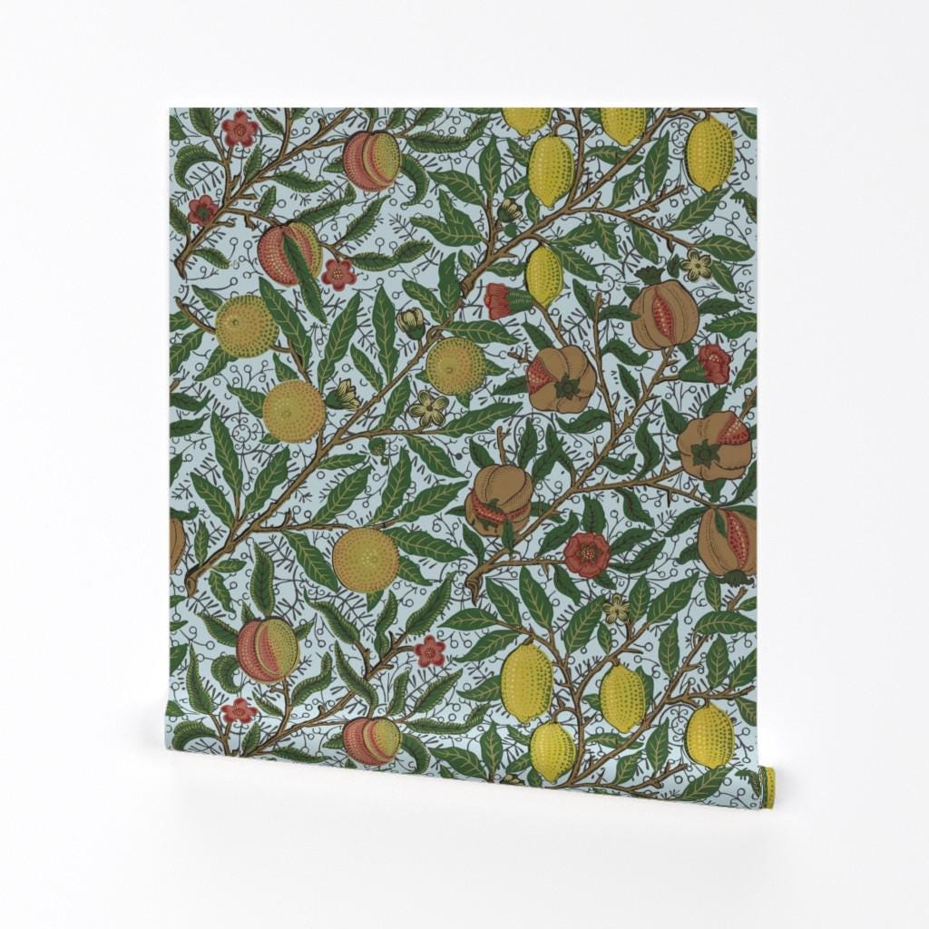 Fruit Wallpaper - Fruit ~ Morris ~ Bright By Peacoquettedesigns - Aqua Custom Printed Removable Self Adhesive Wallpaper Roll by Spoonflower