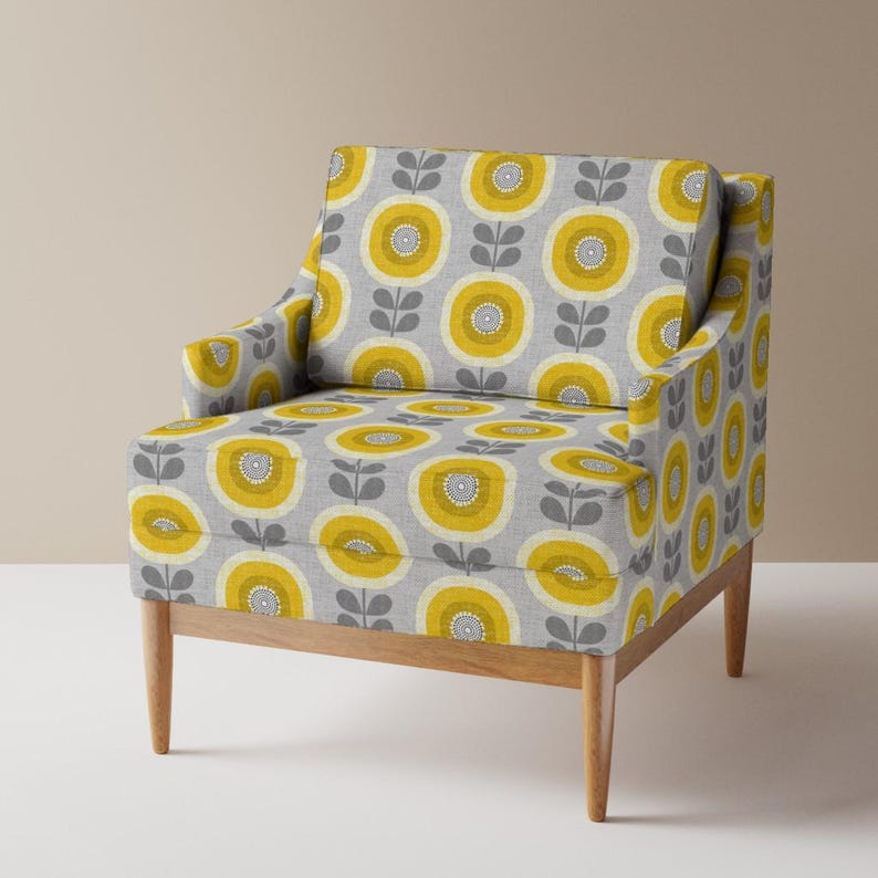 Mid Century Geblümter Polsterstoff - Midcentury Sonnenblumen von ottomanbrim - Skandinavischer Grau Gelber Stoff Schüttgut mit Löffelblume Bild 7