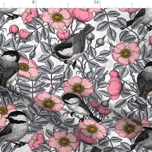 Chickadee Fabric - Chickadees In The Wild By Katerina Kirilova - Black White Pink Bird Animals Cotton Fabric By The Yard With Spoonflower