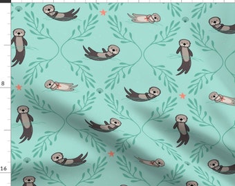 Teal Blue Otter Fabric - Otter Damask Blue Brown By Lellobird - Otter Swimming Cute Animals Cotton Fabric By The Yard With Spoonflower