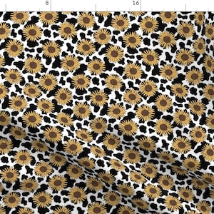 Farmhouse Fabric - Sunflower Cow Print by andrea_lauren -  Rustic Cow Print Sunflower Floral Farm Country Fabric by the Yard by Spoonflower