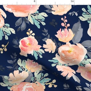 Floral Fabric - 21" Coral Grey And Mint Florals Navy Background By Shopcabin - Watercolor Floral Cotton Fabric By The Yard With Spoonflower