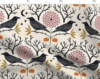 Halloween Raven Fabric - Raven Halloween by jen_swenty - Whimsical Cottage Core Spooky Autumn Fall Fabric by the Yard by Spoonflower