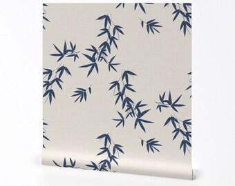 Bamboo Wallpaper - Denim Bamboo Leaves By Kimsa - Denim Blue and White Custom Printed Removable Self Adhesive Wallpaper Roll by Spoonflower