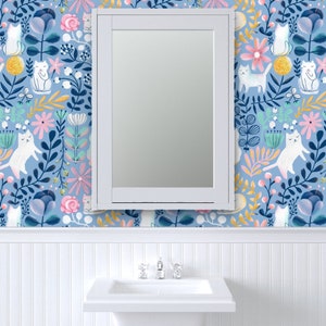 Floral Cats Wallpaper - Spring-Cats By Kostolom3000 - Blue Pink Kids Whimsical Kitten Removable Self Adhesive Wallpaper Roll by Spoonflower image 8