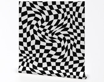 Modern Check Wallpaper - Retro Wave by sonyabernhart - Wavy Checkerboard Black And White  Removable Peel and Stick Wallpaper by Spoonflower