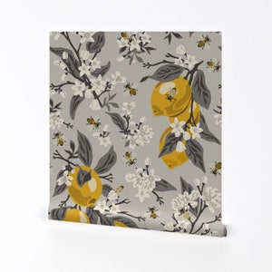 Bees Wallpaper - Bees Lemons - Large - Gray By Fernlesliestudio - Gray Custom Printed Removable Self Adhesive Wallpaper Roll by Spoonflower