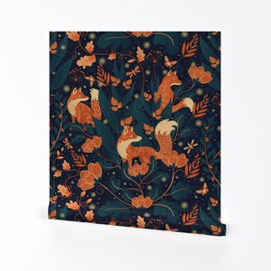 Whimsical Garden Removable Peel and Stick Wallpaper - Orange Foxes Midnight Blue  - Wall Art Wall Decor - Night Foxes by delively_dewi