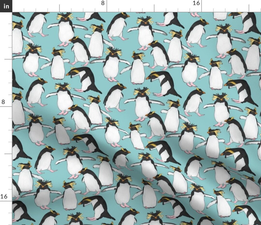 Party Penguins on Blue Fabric Rockhopper Penguins on Light Blue by