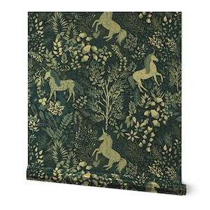 Classic Blues Gold or Silver Metallic Wallpaper - Moonlit Unicorns by irishvikingdesigns - Woodland Forest Wallpaper Roll by Spoonflower