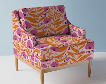 Bright Flowers Upholstery Fabric- Garden  by agnata - Pink Butterfly Summer Vibrant Orange Large Scale   Fabric By The Yard With Spoonflower