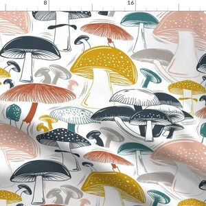 May include: A seamless pattern featuring a variety of colorful mushrooms with different shapes and sizes. The mushrooms are drawn in a whimsical style with a white background.