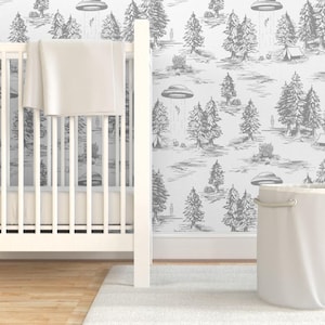 Peel-and-Stick-behang van de ufo - Space Aliens Whimsical Toile - Verwisselbare muurdecoratiekunst - Alien Abduction Toile De Jouy door somecallmebeth afbeelding 6