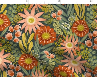 Boho Fabric - Warm Folk Floral by illaberek - Botanical Floral Bohemian Farmhouse Rustic Hand Drawn Lines Fabric by the Yard by Spoonflower