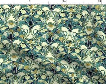 Art Nouveau Fabric - Art Nouveau Botanical by nickleen - 1920s Teal Green Cream Floral Vines Botanical Fabric by the Yard by Spoonflower