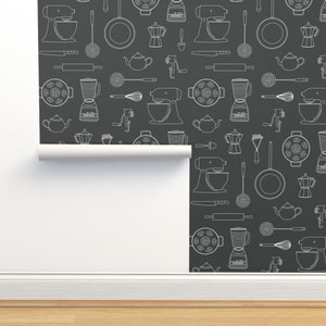 Kitchen Wallpaper Kitchen Tools White On Dark Gray By Johannak Gray Gadgets Food Removable Self Adhesive Wallpaper Roll by Spoonflower image 4