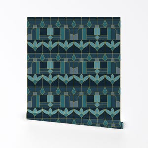 Floral Art Deco Wallpaper -Stained Window/Aqua Jade Gold By Ileneavery- Custom Printed Removable Self Adhesive Wallpaper Roll by Spoonflower