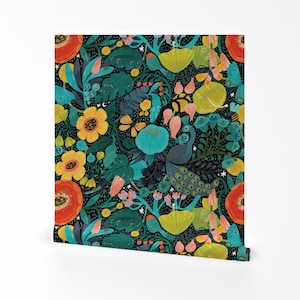 Peacock Bloom Wallpaper - Bohemian Bop Large Scale By Cynthiafrenette - Custom Printed Removable Self Adhesive Wallpaper Roll by Spoonflower
