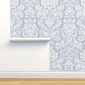 Damask Wallpaper - Balmoral Damask Large White Versailles Fog By Peacoquettedesigns - Custom Printed Adhesive Wallpaper Roll by Spoonflower image 4