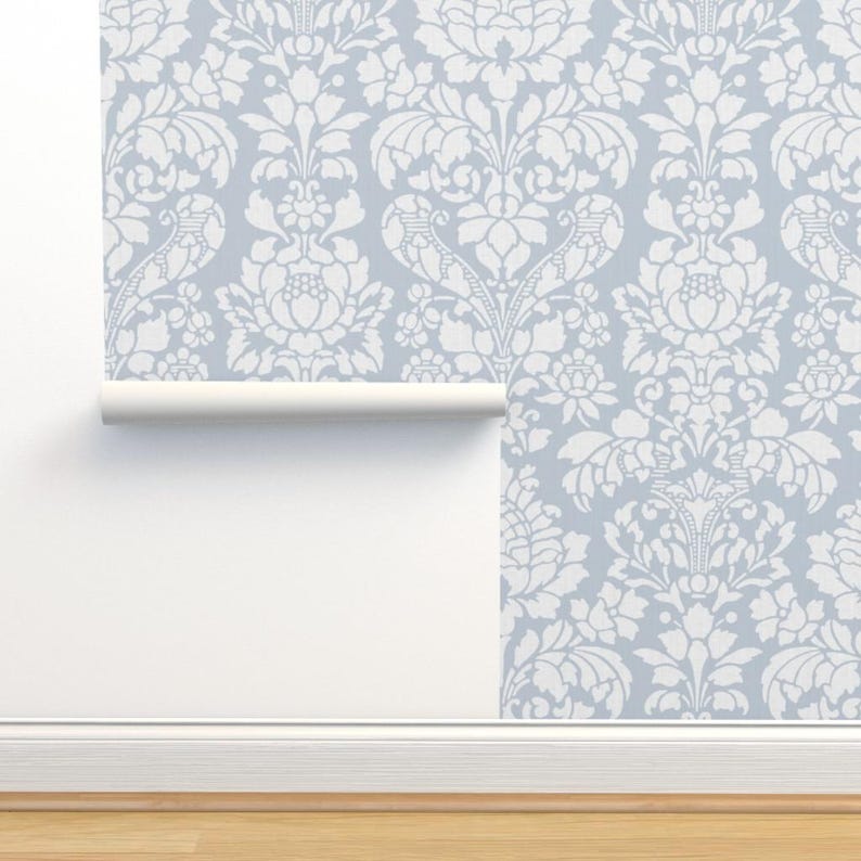 Damask Wallpaper - Balmoral Damask Large White Versailles Fog By Peacoquettedesigns - Custom Printed Adhesive Wallpaper Roll by Spoonflower image 4