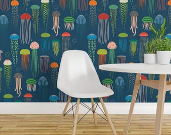 Jellyfish Wallpaper - Just Jellies Light Blue Background By Katerhees - Custom Printed Removable Self Adhesive Wallpaper Roll by Spoonflower