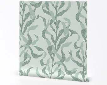 Jade Green Coastal Wallpaper - Kelp Forest by hannahshields - Nautical Seaweed Serene Removable Peel and Stick Wallpaper by Spoonflower