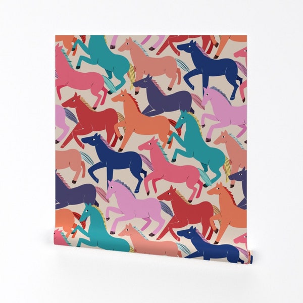 Whimsical Horses Wallpaper - Colorful Horses by perrinphilippa - Wild Colorful Equestrian  Removable Peel and Stick Wallpaper by Spoonflower