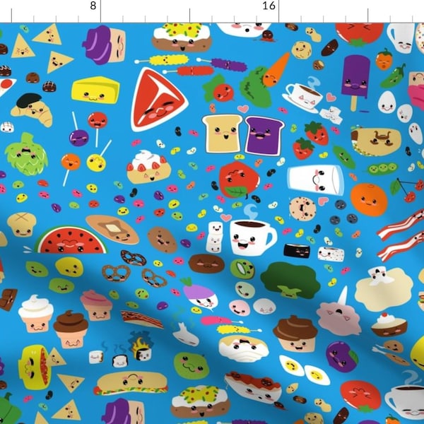 Kawaii Food Fabric - Happy Food Medley By Lyddiedoodles - Whimsical Food Kitchen Decor Cotton Fabric By The Yard With Spoonflower