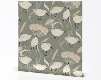 Sandpiper Wallpaper - Coastal Green by hupu - Lakeside Coastal Birds Cow Parsley Cattail Removable Peel and Stick Wallpaper by Spoonflower