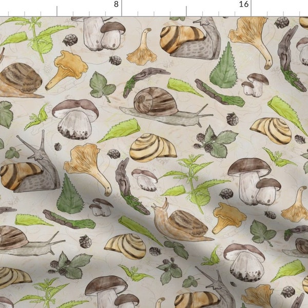 Mushroom Fabric - Woodland Garden Snails In Mushroom Funghi Forest By Limolida - Forest Plant Cotton Fabric By The Yard With Spoonflower