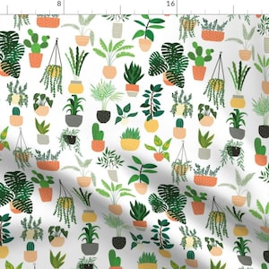 Puede incluir: Un patrón sin costuras que presenta una variedad de plantas en macetas de diferentes colores y estilos. Las plantas están dispuestas en un patrón repetitivo sobre un fondo blanco.