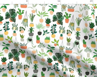 Houseplants Fabric - Houseplants By Bluelela - Plant Pots Shades of Green Leaves Terra Cotta Cotton Fabric By The Yard With Spoonflower