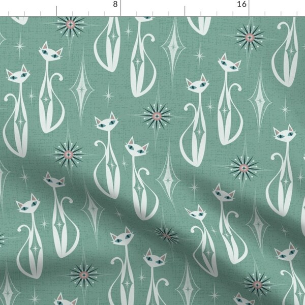 Mid Century Modern Fabric - Starburst Diamond Cats by studioxtine - Aqua Mint Retro Inspired Atomic Era  Fabric by the Yard by Spoonflower