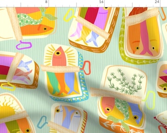 Whimsical Fabric - Mermaid Sardine Can Xl by sabina_bala - Mermaid Tail Fish Tinned Fish Novelty Colorful Fabric by the Yard by Spoonflower