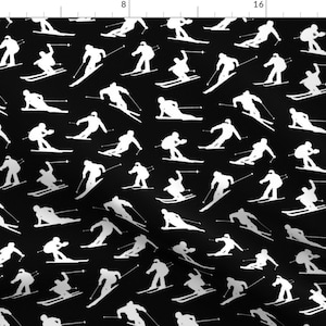 Skiers Slopes Black And White Fabric - Skiers On Black // Small By Thinlinetextiles - Skiers Cotton Fabric By The Yard With Spoonflower