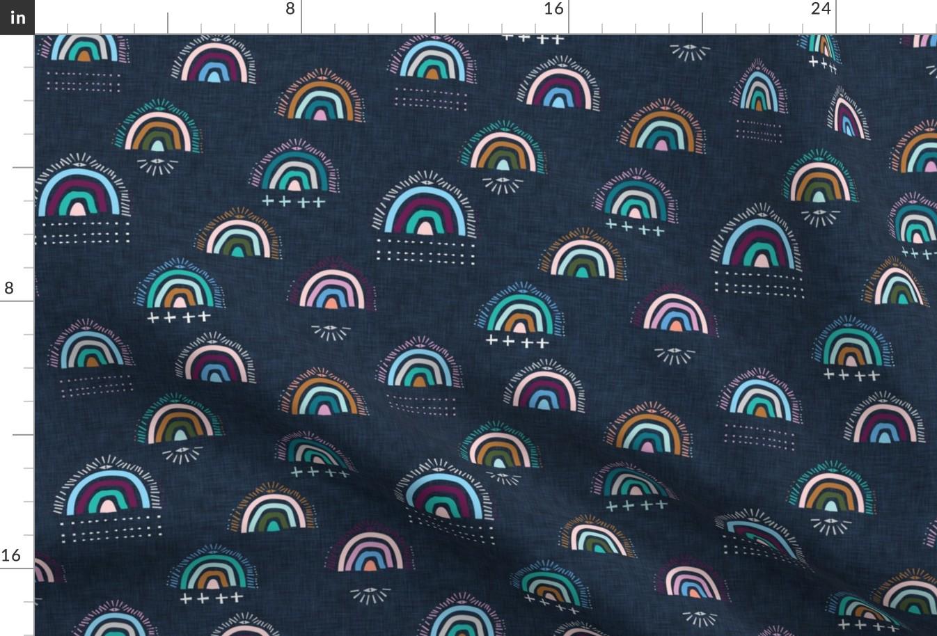 Rainbow Fabric - Pop Moroccan Rainbow By Nouveau Bohemian - Rainbow Boho Navy Blue Nursery Trendy Cotton Fabric By The Yard With Spoonflower