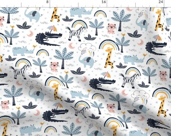 Nursery Fabric - Safari Baby Nursery By Bamokreativ - Blue Yellow Gender Neutral Jungle Zebra Cotton Fabric By The Yard With Spoonflower