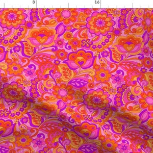60s Floral Fabric - Flower Power By Cressida Carr - Retro Vintage Pink Orange Flowers Groovy Cotton Fabric By The Yard With Spoonflower