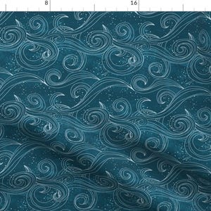 May include: Teal blue fabric with a white swirling wave pattern. The waves are outlined in white and have a subtle sparkle effect.