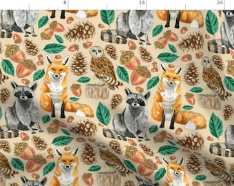 Fox Raccoon Woodland Forest Pattern Leaves Fabric - Woodland Creatures By Amy Wike - Fox Cotton Fabric By The Yard With Spoonflower
