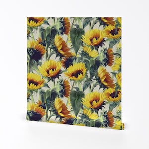 Papier peint tournesol - tournesols pour toujours par Micklyn - rouleau de papier peint auto adhésif amovible imprimé floral vintage par Spoonflower
