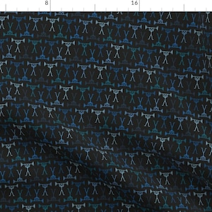 May include: A black fabric with a repeating pattern of stick figures lifting weights in various shades of blue and green.