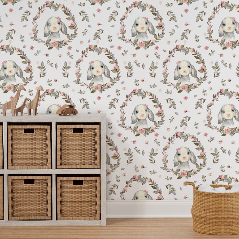 Bunny Wallpaper Pink Bunny With Bow Flowers by Shopcabin - Etsy