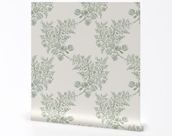 Cottagecore Wallpaper - Emma Floral Green van danika_herrick - Bloemenboeket Aquarel Verwijderbare Peel en Stick Wallpaper van Spoonflower