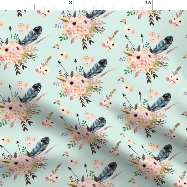 Bohemian Floral Watercolor Fabric - Boho Pink In Green By Shopcabin - Boho Baby Girl Flowers Cotton Fabric By The Yard With Spoonflower
