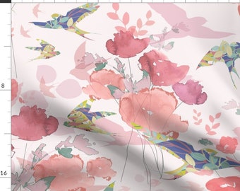 Watercolor Birds Fabric - Swallows In Flight Coral By Curtis Mcgintus - Watercolor Pink Floral Cotton Fabric By The Yard With Spoonflower