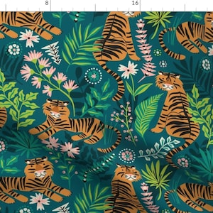 Tiger Fabric - Tigers By Laura May Designs - Teal Orange Large Wild Cats Jungle Tropical Floral Cotton Fabric By The Yard With Spoonflower