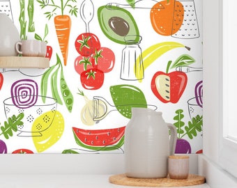 Veggie Wallpaper - Farm Fresh By Heatherdutton - White Green Gardening Kitchen Produce Removable Self Adhesive Wallpaper Roll by Spoonflower